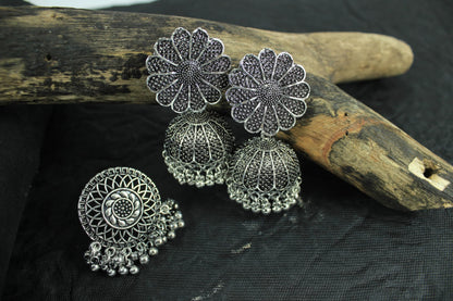 JFL - Jewellery for Less Oxidised Silver Earrings – Antique Finish with Floral & Circular Motifs, Engraved Detailing & Dangling Beads – Ethnic Jewellery for Women & Girls for Navratri, Garba