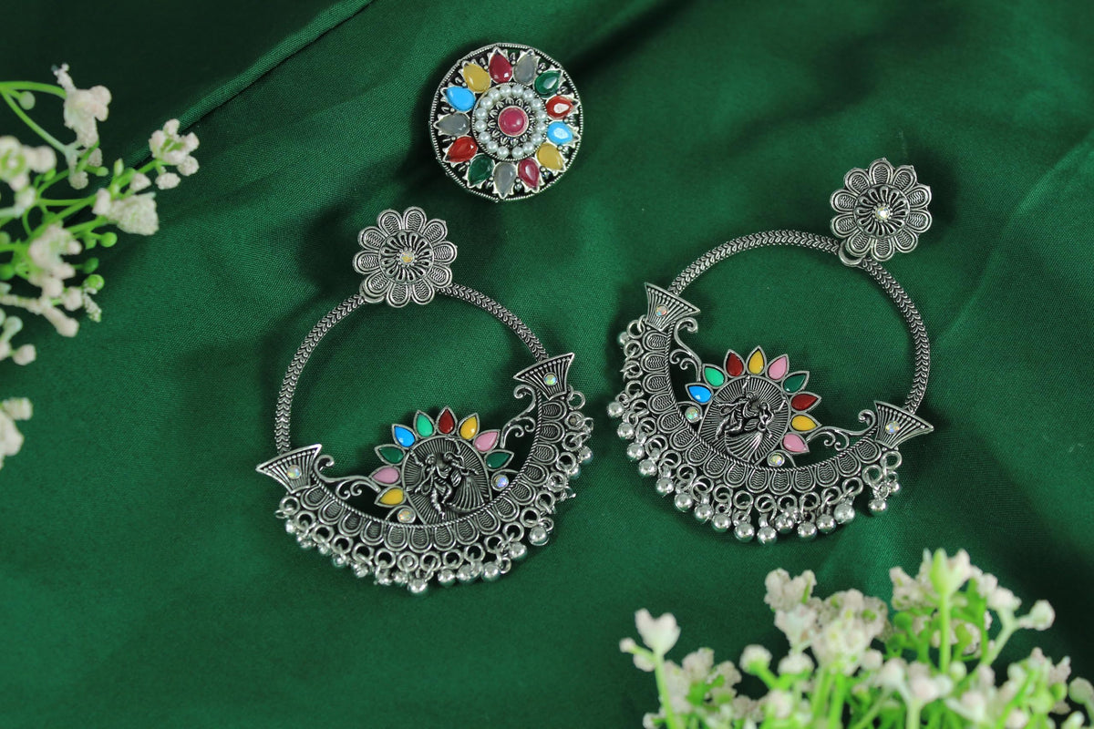 JFL - Jewellery for Less Oxidised Silver-Plated Earrings & Finger Ring Combo – Multicolor Stone Ethnic Jewellery Set with Floral & Radial Motifs – Navratri for Women & Girls