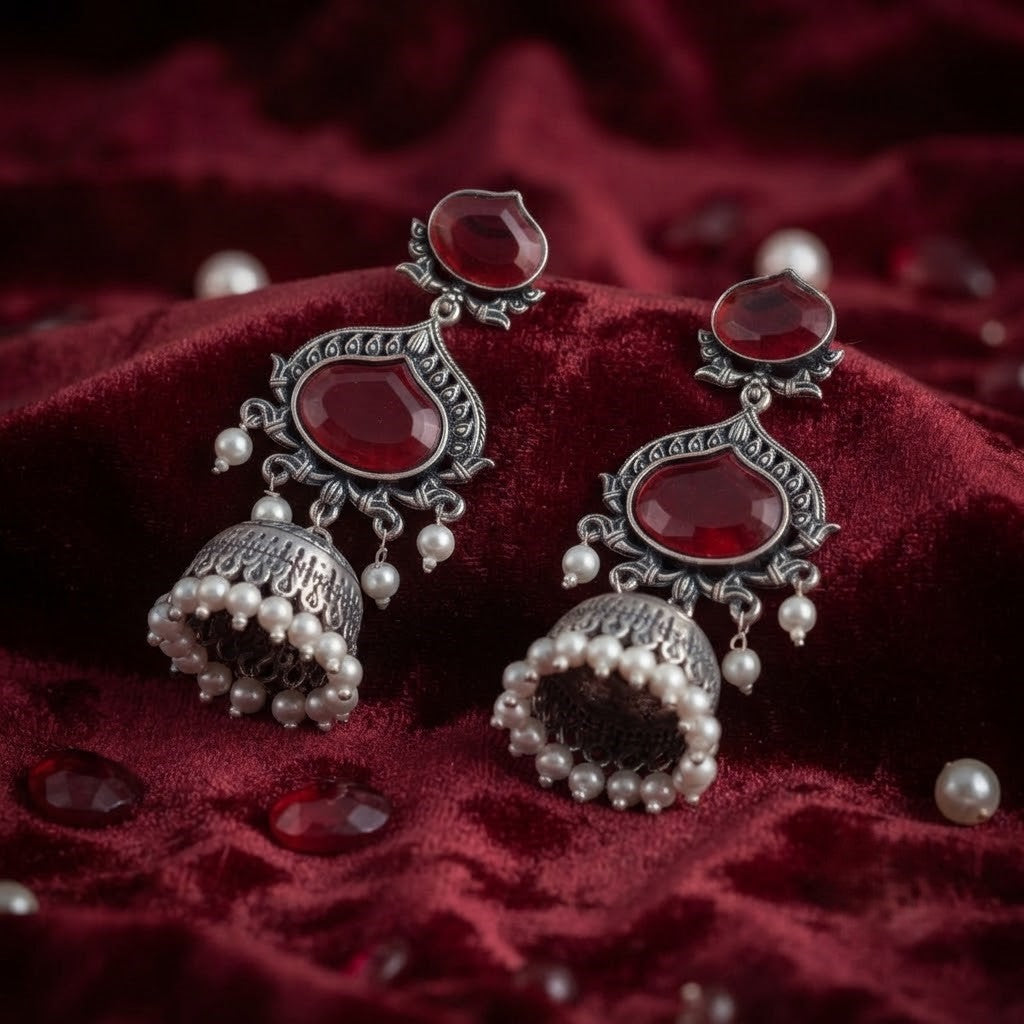 JFL - Jewellery for Less Oxidized Silver-Toned Jhumka Earrings with Maroon Stone and Pearl Drops – Traditional Ethnic Jewellery for Women