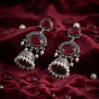 JFL - Jewellery for Less Oxidized Silver-Toned Jhumka Earrings with Maroon Stone and Pearl Drops – Traditional Ethnic Jewellery for Women