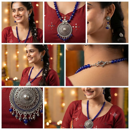 JFL - Jewellery for Less Oxidized German Silver Round Pendant Royal Blue Beads Necklace with Earrings Set for Women | Antique Silver Filigree Design Jewellery Set | Navratri Special Traditional Jewellery
