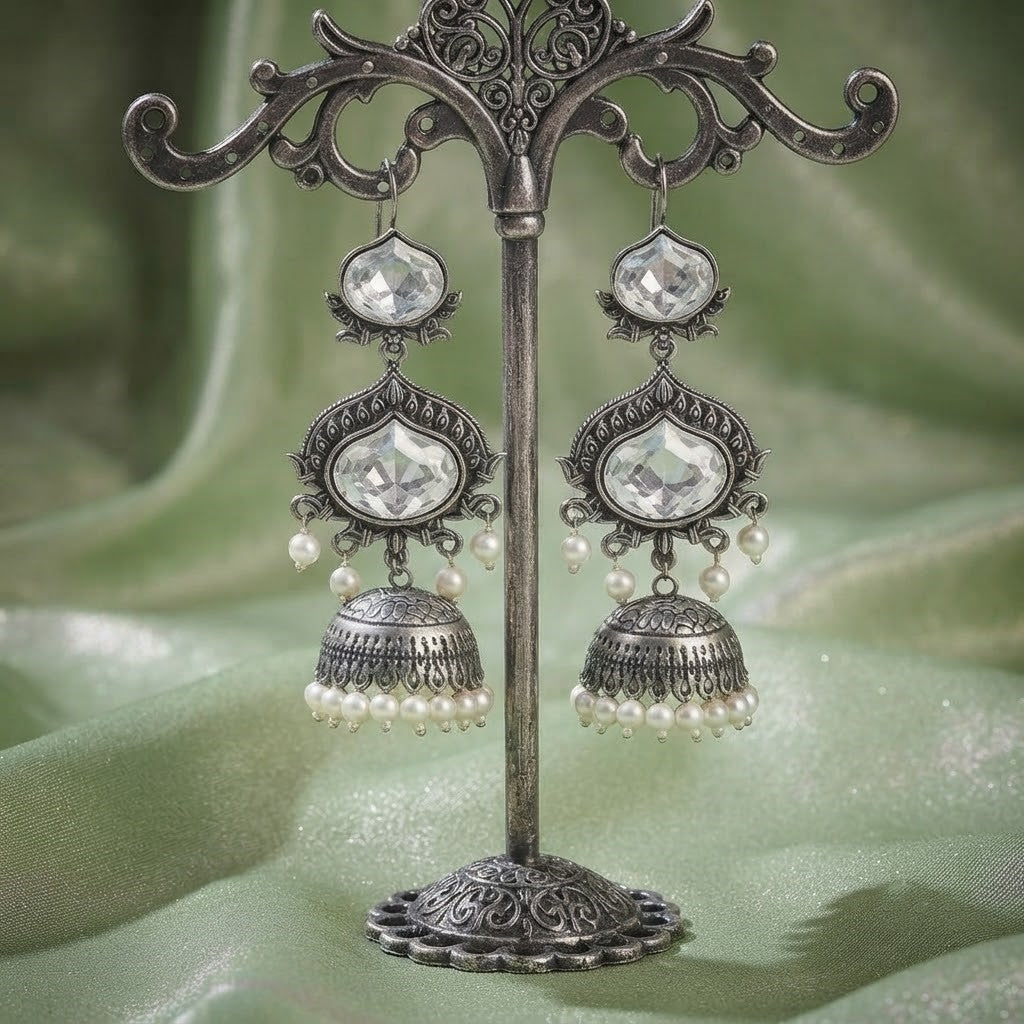 JFL - Jewellery for Less Oxidized Silver-Toned Jhumka Earrings with White Stone and Pearl Drops – Traditional Ethnic Jewellery for Women