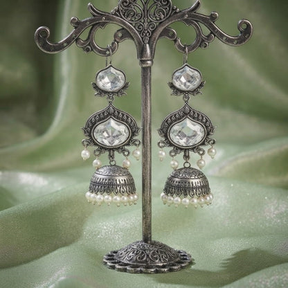 JFL - Jewellery for Less Oxidized Silver-Toned Jhumka Earrings with White Stone and Pearl Drops – Traditional Ethnic Jewellery for Women