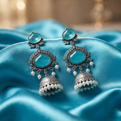 JFL - Jewellery for Less Oxidized Silver-Toned Jhumka Earrings with Sky Blue Stone and Pearl Drops – Traditional Ethnic Jewellery for Women