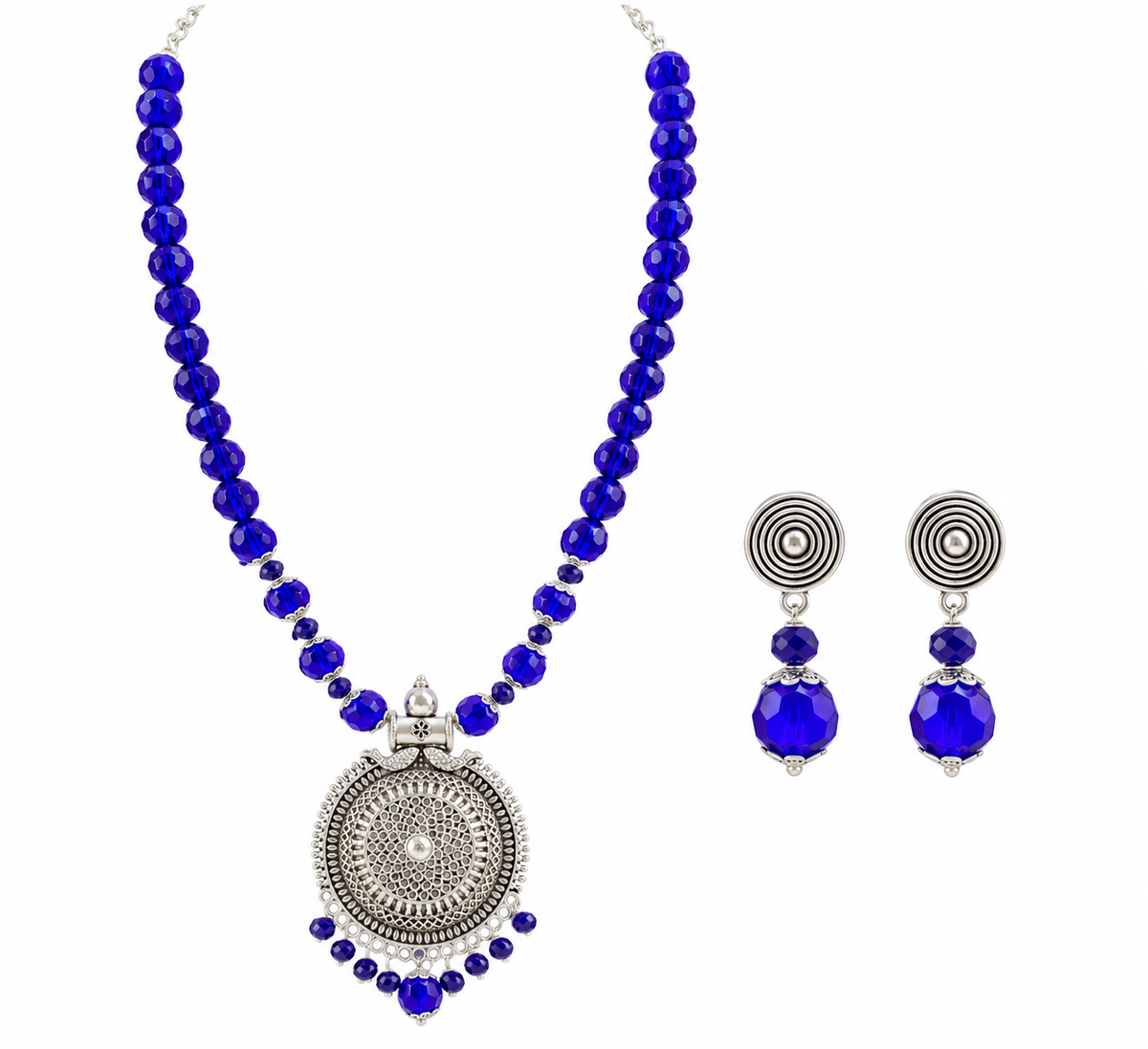 JFL - Jewellery for Less Oxidized German Silver Round Pendant Royal Blue Beads Necklace with Earrings Set for Women | Antique Silver Filigree Design Jewellery Set | Navratri Special Traditional Jewellery