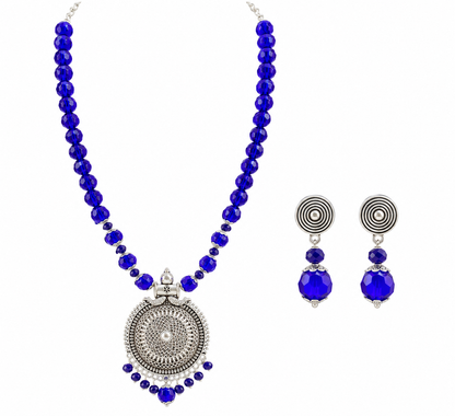 JFL - Jewellery for Less Oxidized German Silver Round Pendant Royal Blue Beads Necklace with Earrings Set for Women | Antique Silver Filigree Design Jewellery Set | Navratri Special Traditional Jewellery
