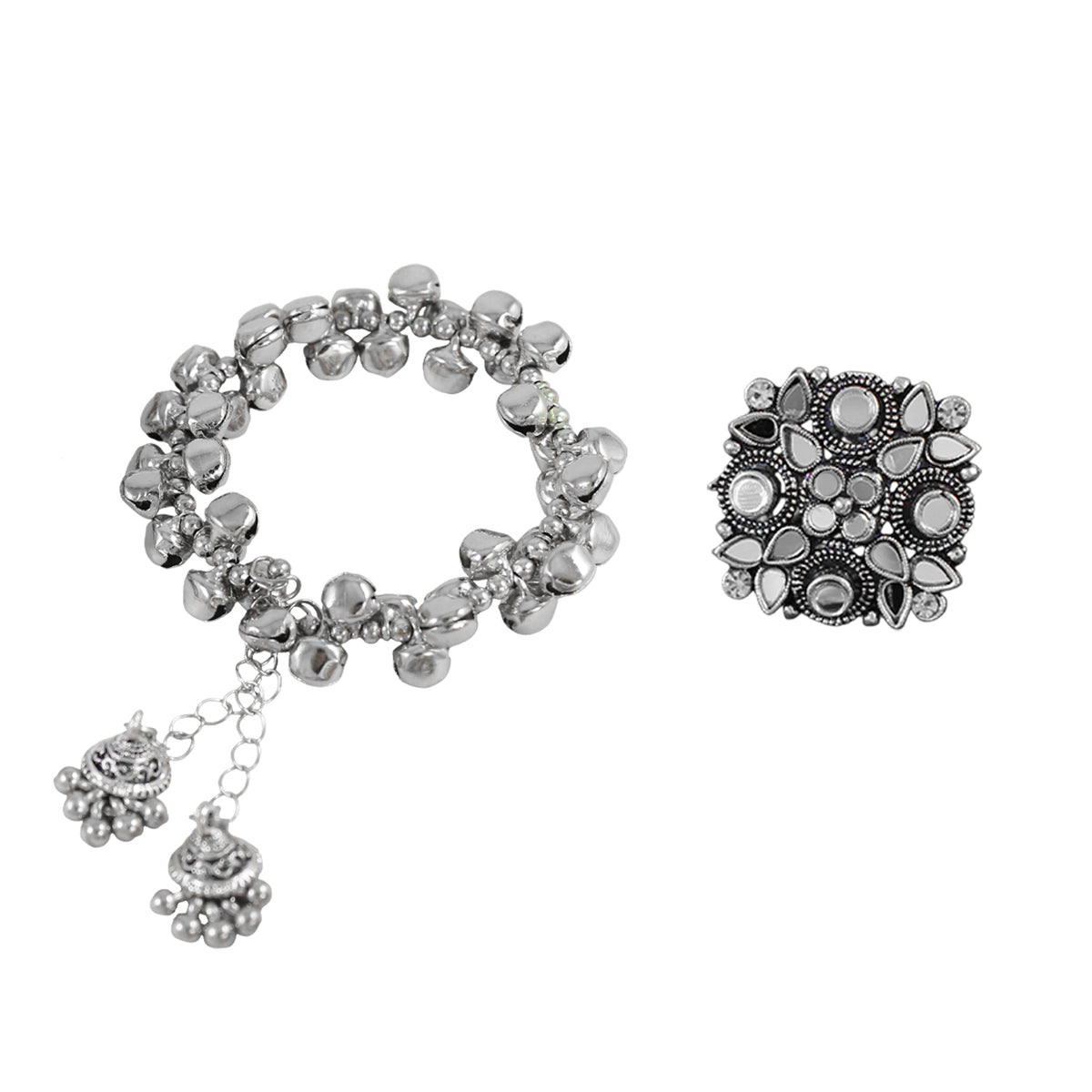 JFL - Jewellery for Less Navratri Special Oxidised Silver Jewellery Set – Peacock Necklace, Earrings, Ghungroo Bracelet & Adjustable Finger Ring | Traditional Festive Jewellery for Women & Girls.