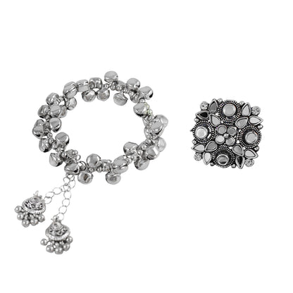 JFL - Jewellery for Less Navratri Special Oxidised Silver Jewellery Set – Peacock Necklace, Earrings, Ghungroo Bracelet & Adjustable Finger Ring | Traditional Festive Jewellery for Women & Girls.