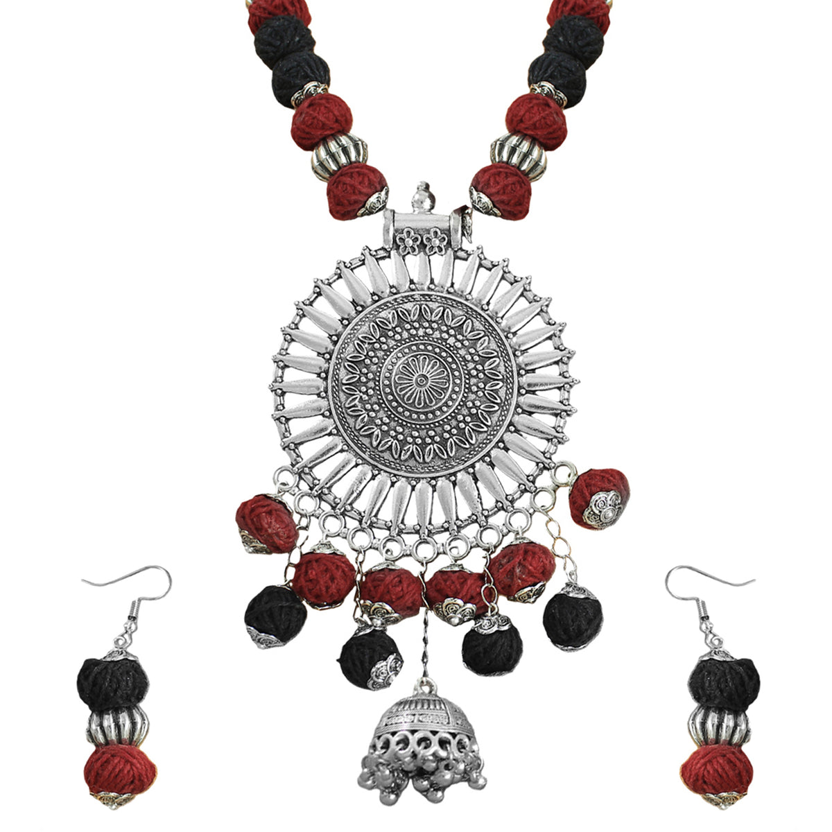 JFL-Jewellery for Less Maroon & Black Cotton Thread Necklace Set with Oxidised Silver Circular Pendant, Ghungroo Danglers & 2 Earring Pairs (Jhumka & Beaded) – Women & Girls, Navratri, Garba