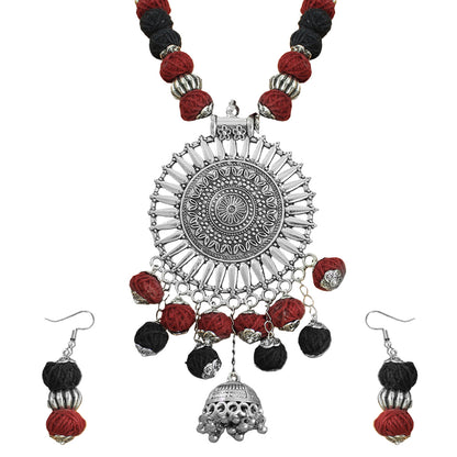 JFL-Jewellery for Less Maroon & Black Cotton Thread Necklace Set with Oxidised Silver Circular Pendant, Ghungroo Danglers & 2 Earring Pairs (Jhumka & Beaded) – Women & Girls, Navratri, Garba