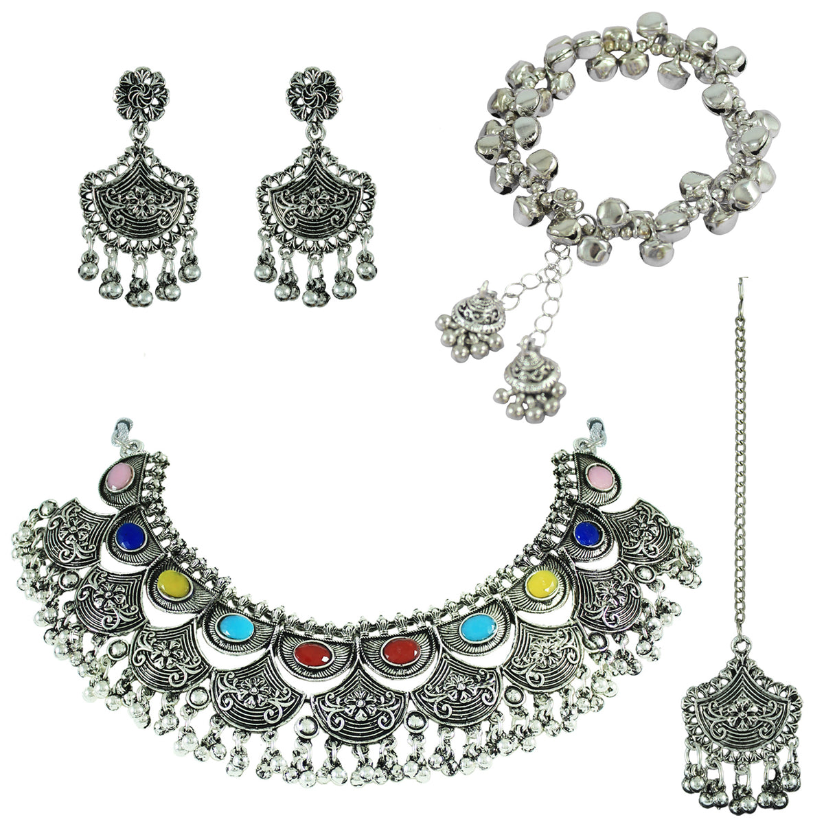 JFL - Jewellery for Less Navratri Special Oxidised Silver Plated Multicolor Stone Necklac Set for Women & Girls – Statement Necklace, Earrings, Maang Tikka & Multicolor Beaded Bracelet Combo