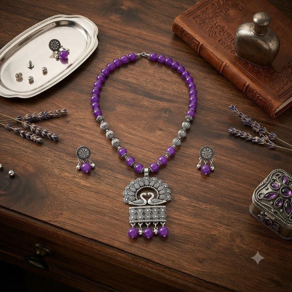 JFL - Jewellery for Less Oxidized German Silver Purple Beads Peacock Pendant Necklace with Earrings Set for Women | Antique Silver Floral Design Jewellery Set | Navratri Special Traditional Jewellery