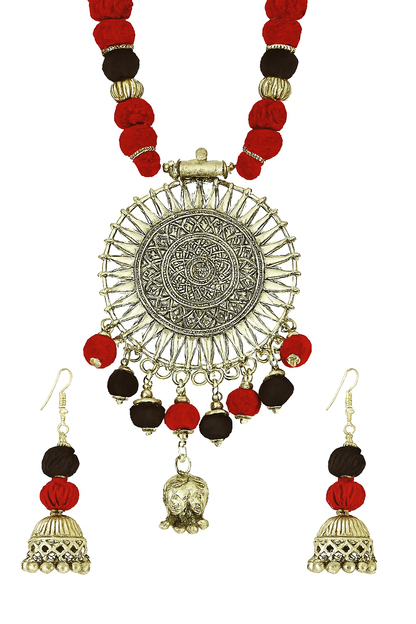 JFL‑Jewellery for Less Red & Black Cotton Thread Jewellery Set – Necklace,2 Pairs of Earrings with Oxidised Silver Circular Floral Pendant, Jhumka Danglers & Bead Drops –Navratri,Garba