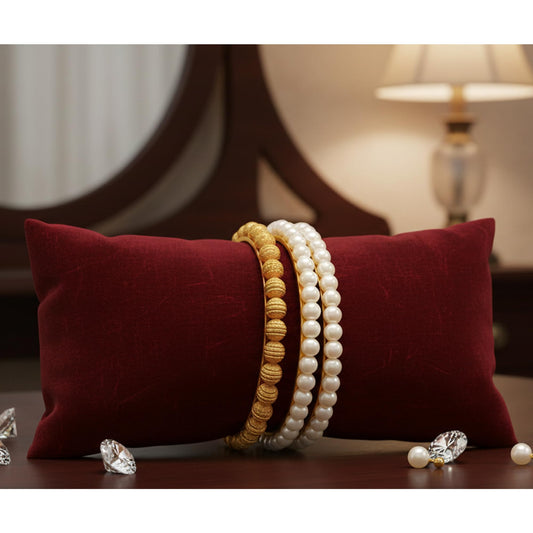 One Gram Gold Plated Bead & Pearl Bangle Set
