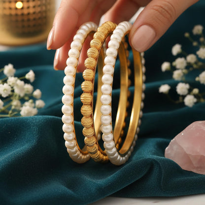 One Gram Gold Plated Bead & Pearl Bangle Set