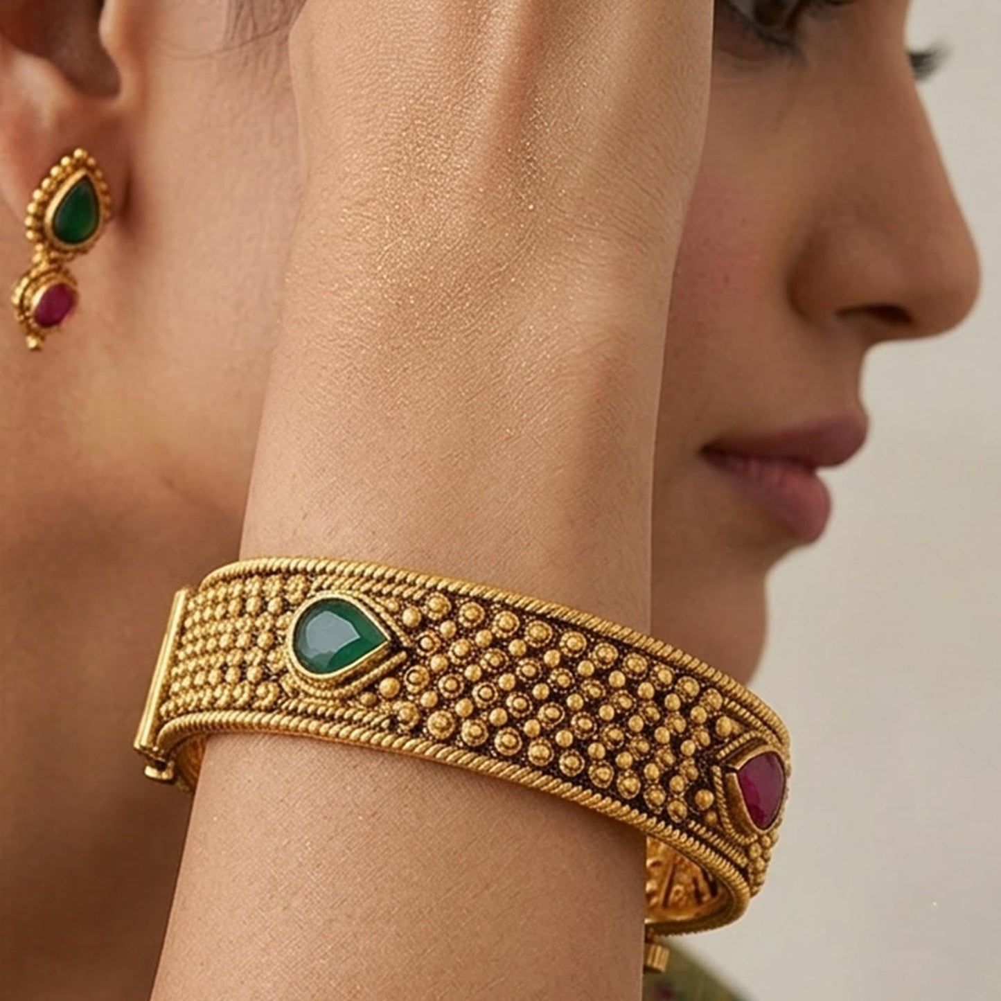 - One Gram Glod Plated Red And Green Stone Openable Bangle Kada 'S