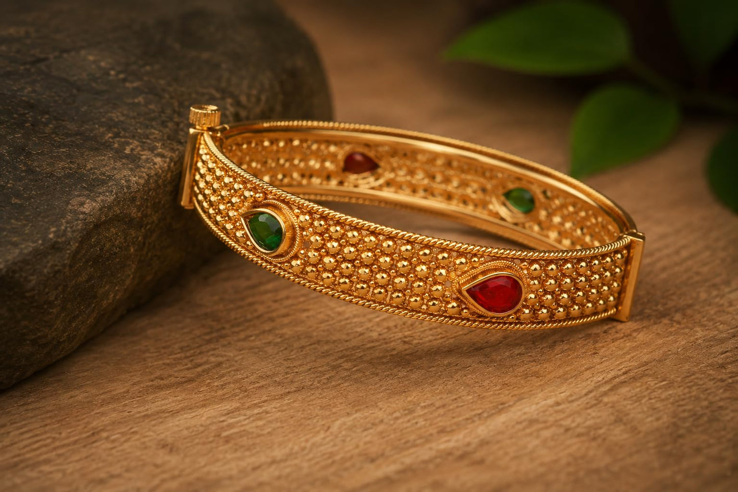 - One Gram Glod Plated Red And Green Stone Openable Bangle Kada 'S