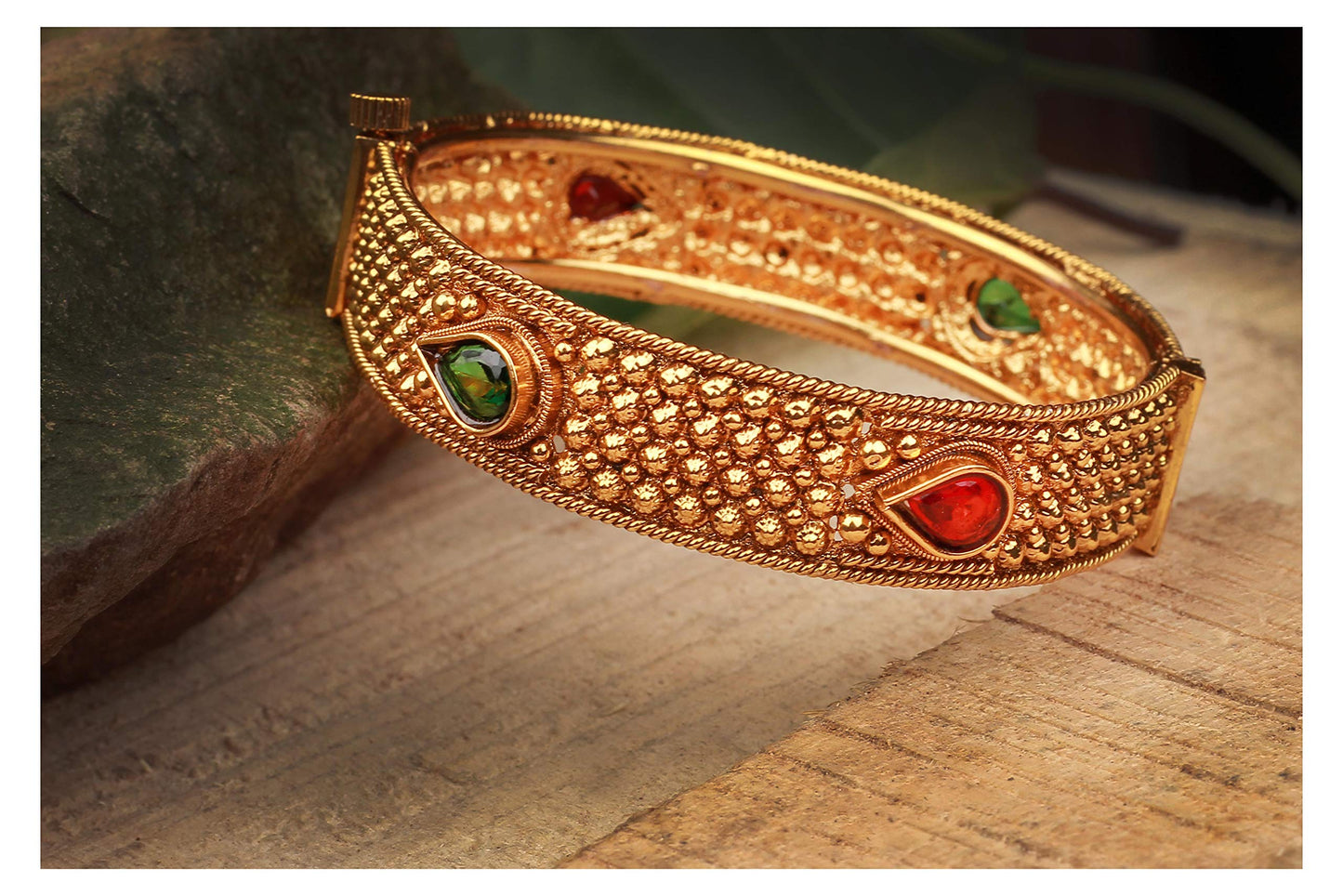 - One Gram Glod Plated Red And Green Stone Openable Bangle Kada 'S