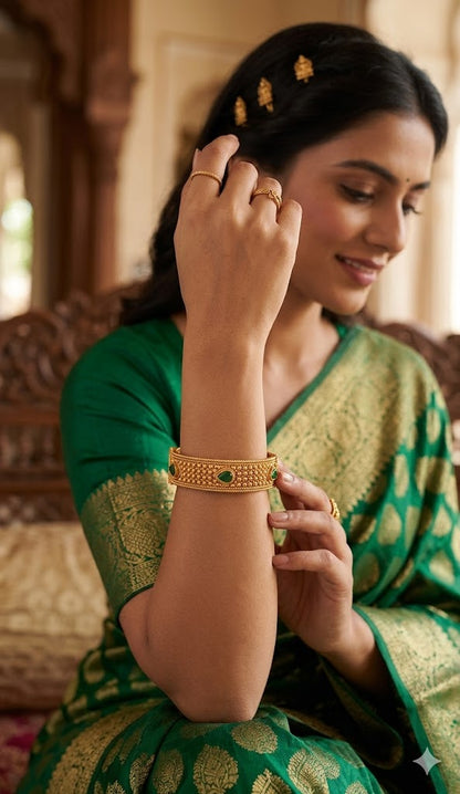 One Gram Glod Plated Green Stone Openable Bangle Kada