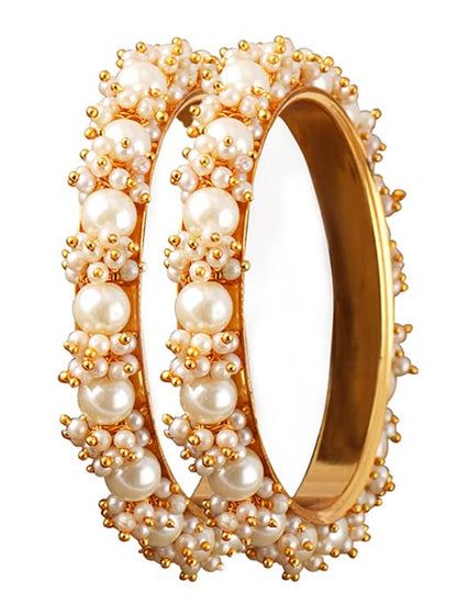 Gold Plated Cluster Pearl And White Color Beads Bangle Set (Set Of 2).