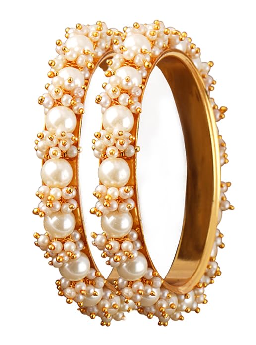 Gold Plated Cluster Pearl And White Color Beads Bangle Set (Set Of 2).