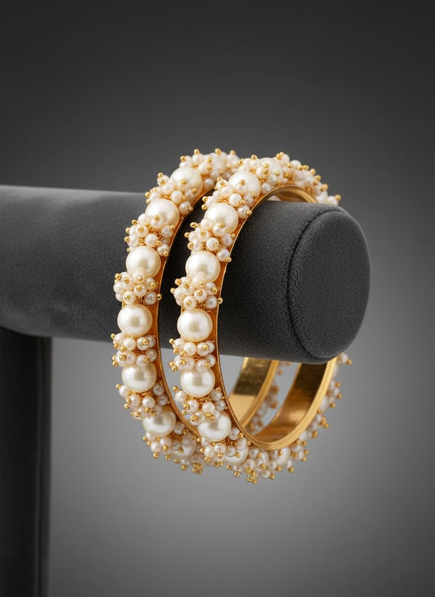 Gold Plated Cluster Pearl And White Color Beads Bangle Set (Set Of 2).