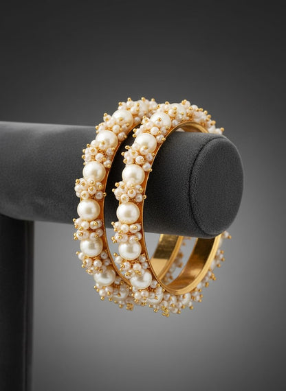 Gold Plated Cluster Pearl And White Color Beads Bangle Set (Set Of 2).
