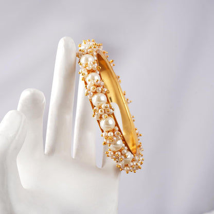 Gold Plated Cluster Pearl And White Color Beads Bangle Set (Set Of 2).