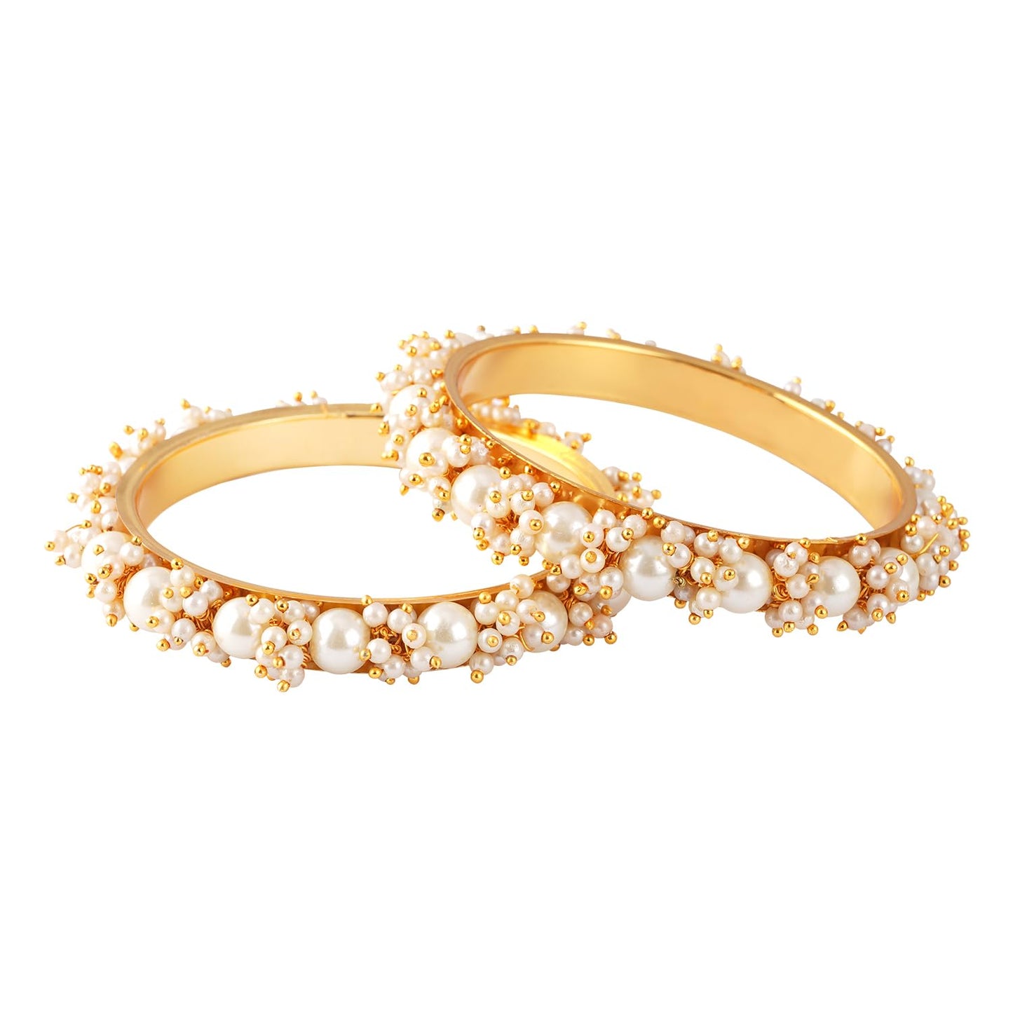 Gold Plated Cluster Pearl And White Color Beads Bangle Set (Set Of 2).