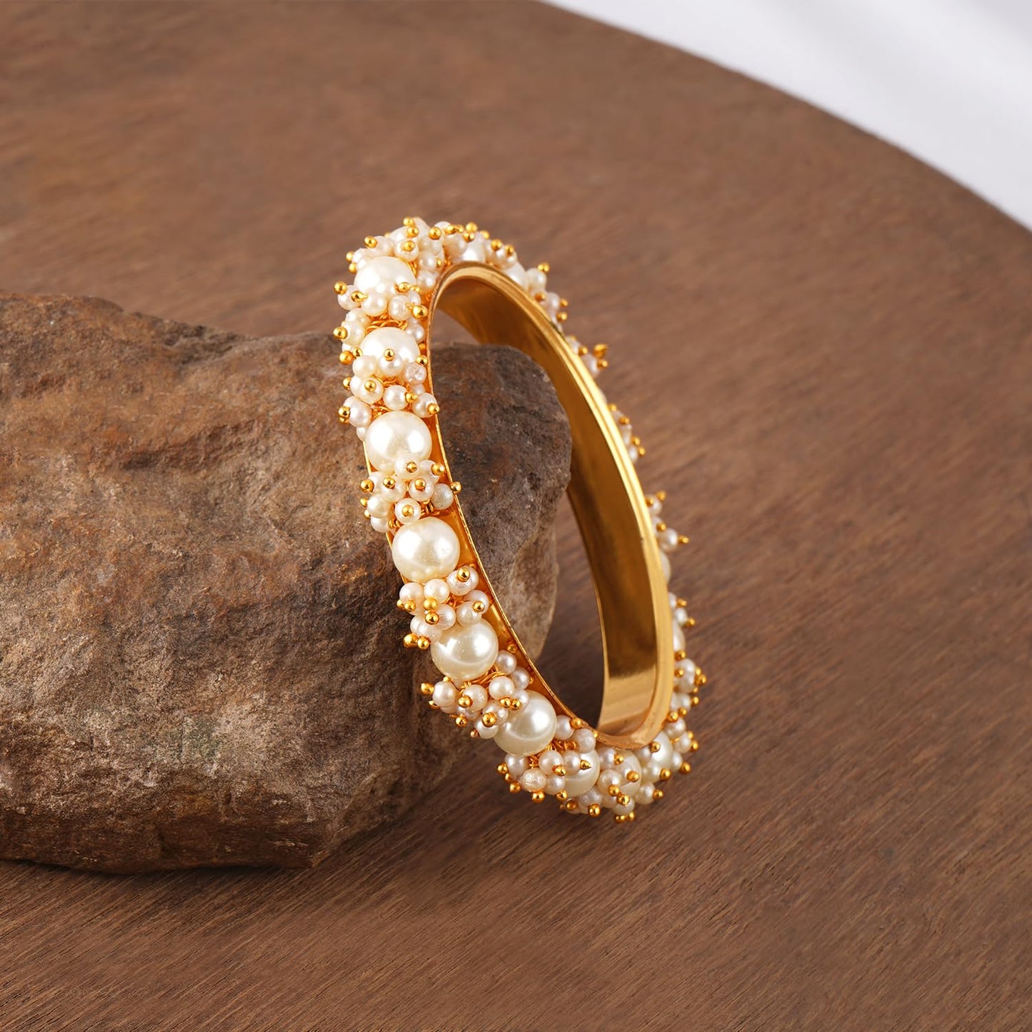 Gold Plated Cluster Pearl And White Color Beads Bangle Set (Set Of 2).