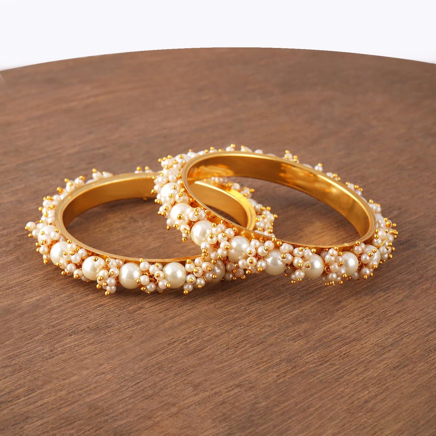 Gold Plated Cluster Pearl And White Color Beads Bangle Set (Set Of 2).