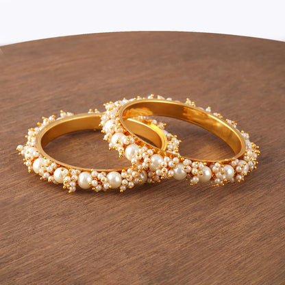 Gold Plated Cluster Pearl And White Color Beads Bangle Set (Set Of 2).