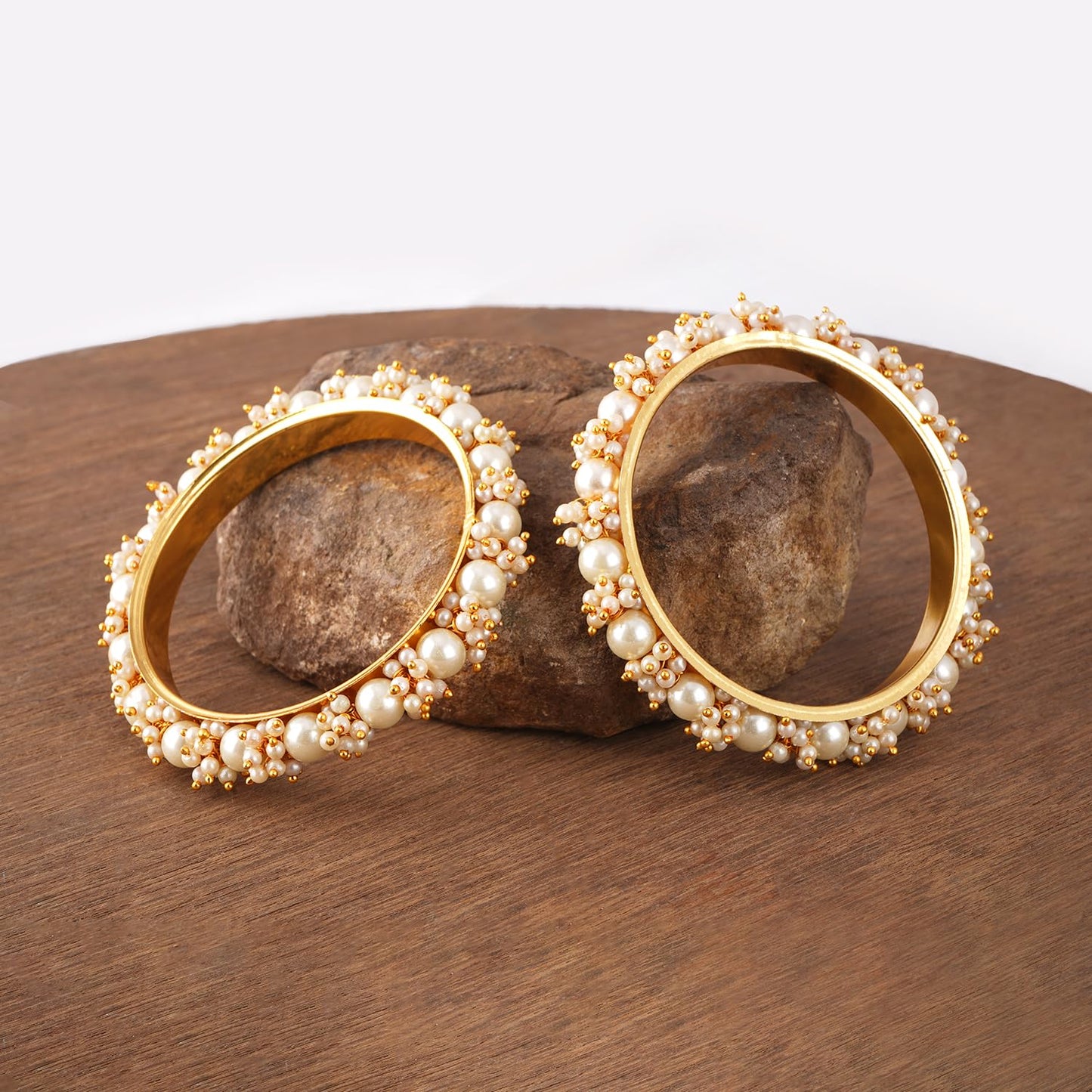 Gold Plated Cluster Pearl And White Color Beads Bangle Set (Set Of 2).
