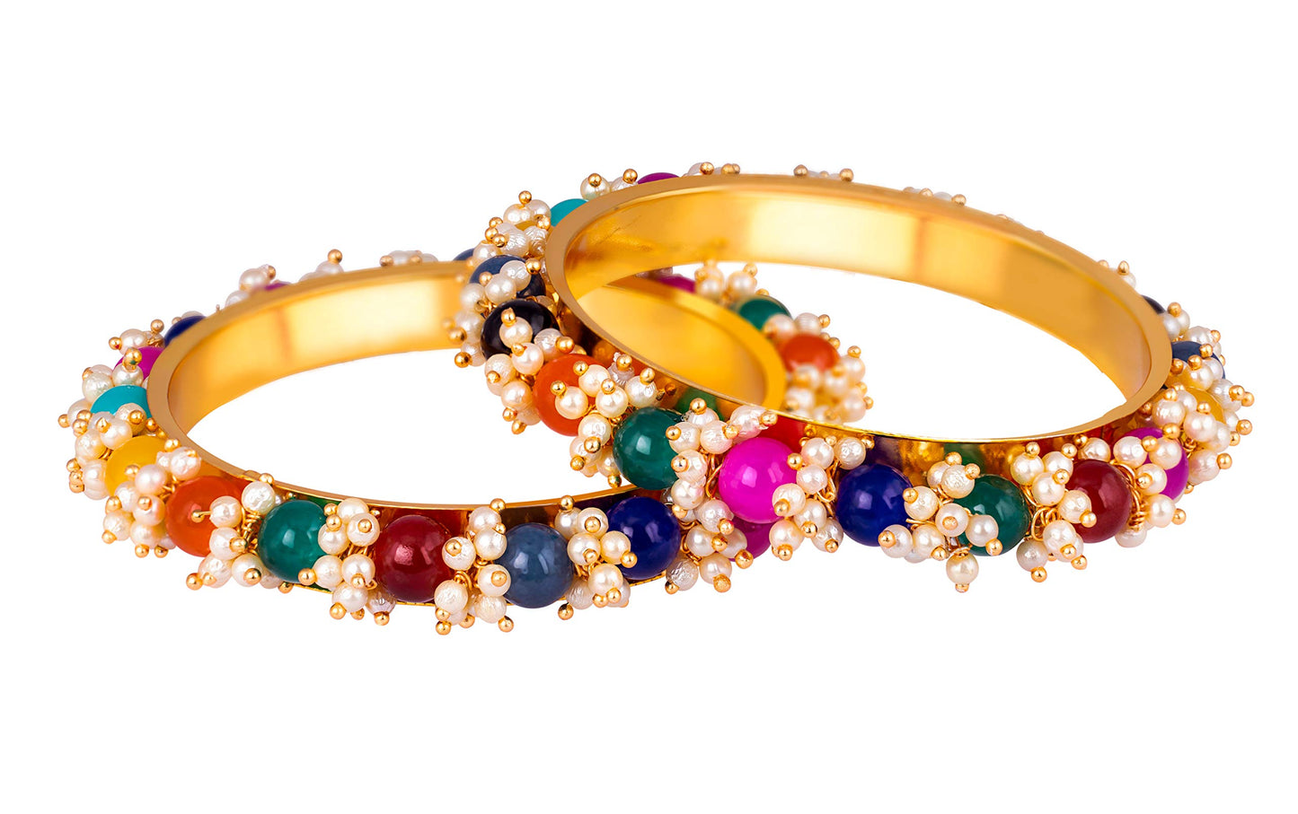 Women'S Gold Plated Cluster Pearl And Dark Beads Bangle Set (Multicolour)