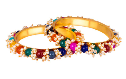 Women'S Gold Plated Cluster Pearl And Dark Beads Bangle Set (Multicolour)