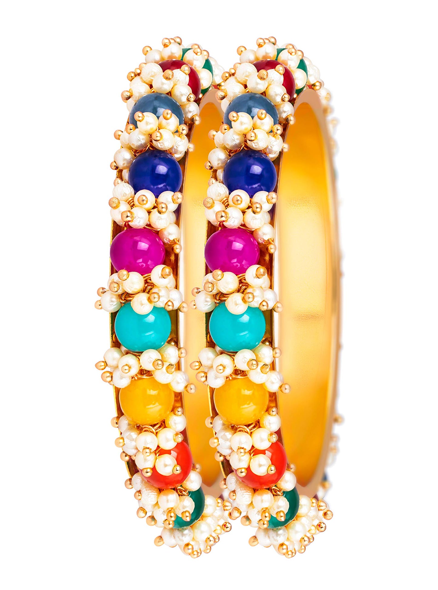 Women'S Gold Plated Cluster Pearl And Dark Beads Bangle Set (Multicolour)