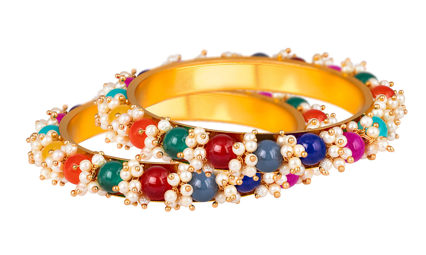 Women'S Gold Plated Cluster Pearl And Dark Beads Bangle Set (Multicolour)