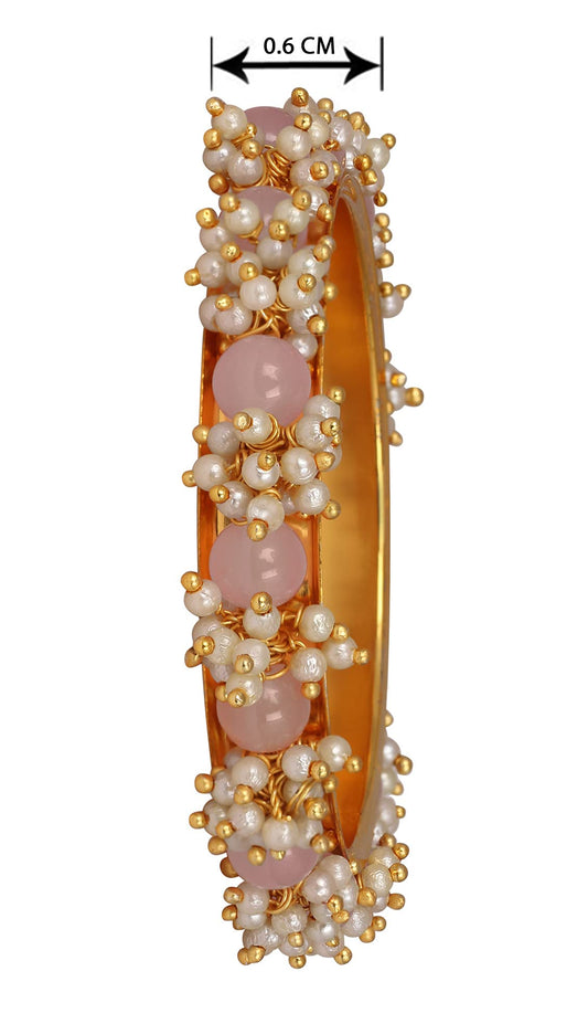 Gold Plated Cluster Pearl And Light Baby Pink Color Beads Bangle Set (Set Of 2)