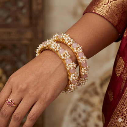 Gold Plated Cluster Pearl And Light Baby Pink Color Beads Bangle Set (Set Of 2)