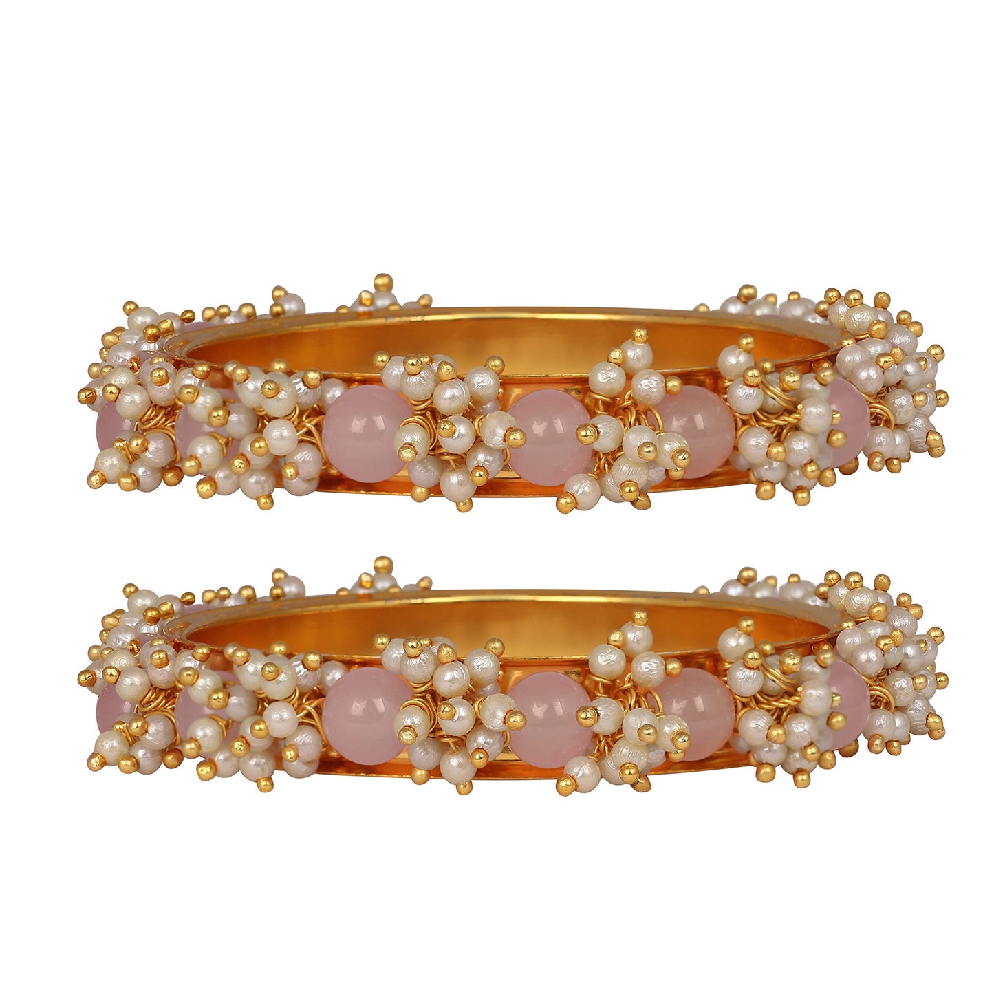 Gold Plated Cluster Pearl And Light Baby Pink Color Beads Bangle Set (Set Of 2)