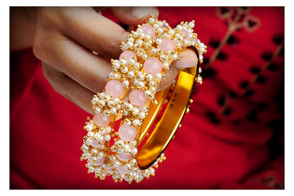 Gold Plated Cluster Pearl And Light Baby Pink Color Beads Bangle Set (Set Of 2)