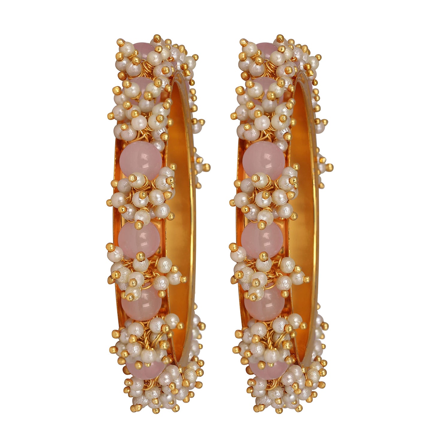 Gold Plated Cluster Pearl And Light Baby Pink Color Beads Bangle Set (Set Of 2)