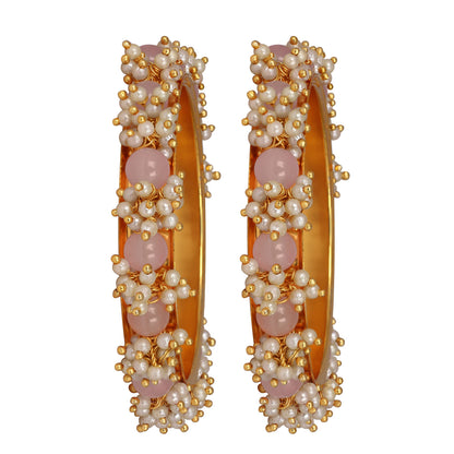 Gold Plated Cluster Pearl And Light Baby Pink Color Beads Bangle Set (Set Of 2)