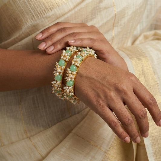 Copper With Pearl Religion Bangle Set (Mint Green).