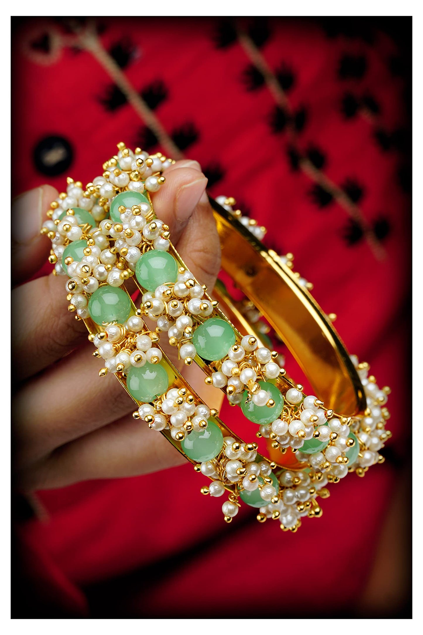 Copper With Pearl Religion Bangle Set (Mint Green).