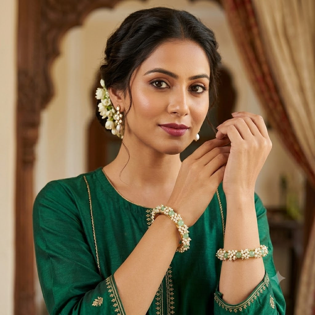 Copper With Pearl Religion Bangle Set (Mint Green).