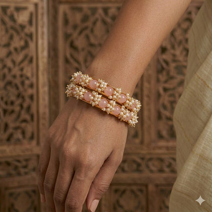 Gold Plated Cluster Pearl Beads Peach Bangle Set (Set Of 2) -