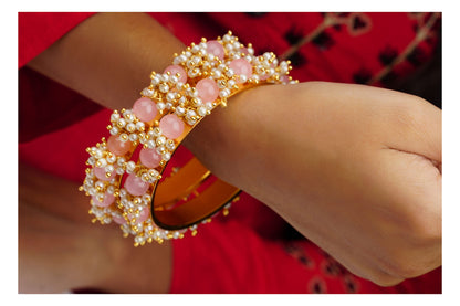 Gold Plated Cluster Pearl Beads Peach Bangle Set (Set Of 2) -