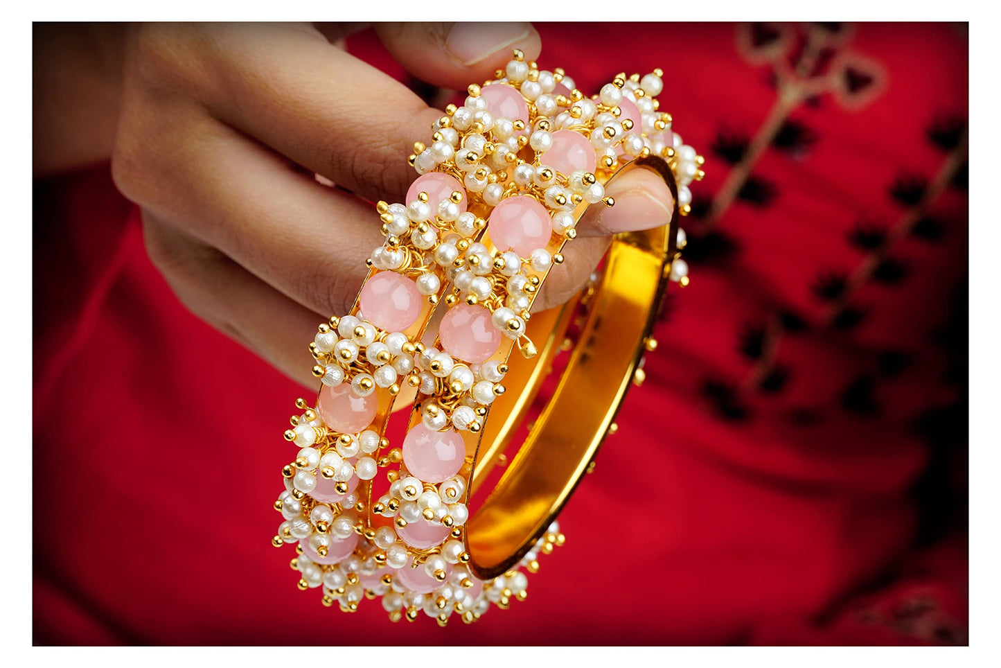 Gold Plated Cluster Pearl Beads Peach Bangle Set (Set Of 2) -