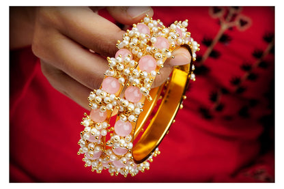 Gold Plated Cluster Pearl Beads Peach Bangle Set (Set Of 2) -